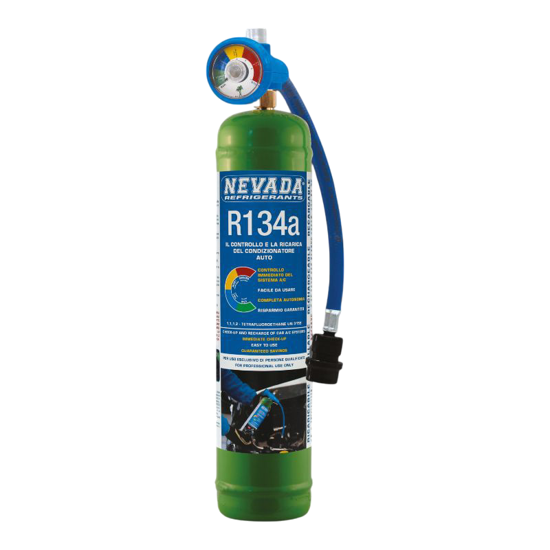 R134a refrigerant gas in 900g cylinder with pressure gauge and tube with quick coupling for car A/C systems