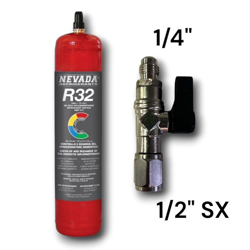 Nachfüllen des Kältemittelgases R32 in einer 780-g-Flasche mit 1/2-Zoll-ACME-Linksventil mit 1/4"-Gewindebohrer