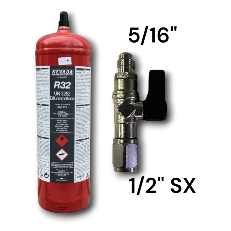 Gaz réfrigérant R32 en bouteille de 1,8 Kg. valve gauche 1/2" acme avec robinet 5/16"