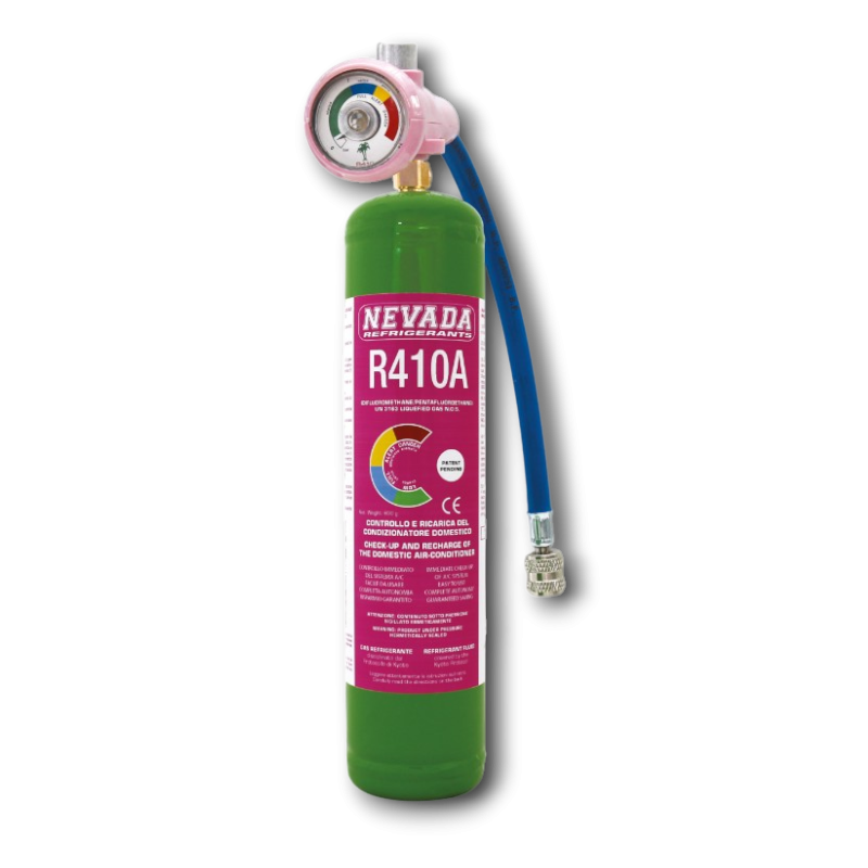 R410a refrigerant gas in 780g cylinder with pressure gauge and tube with 5/16" connection